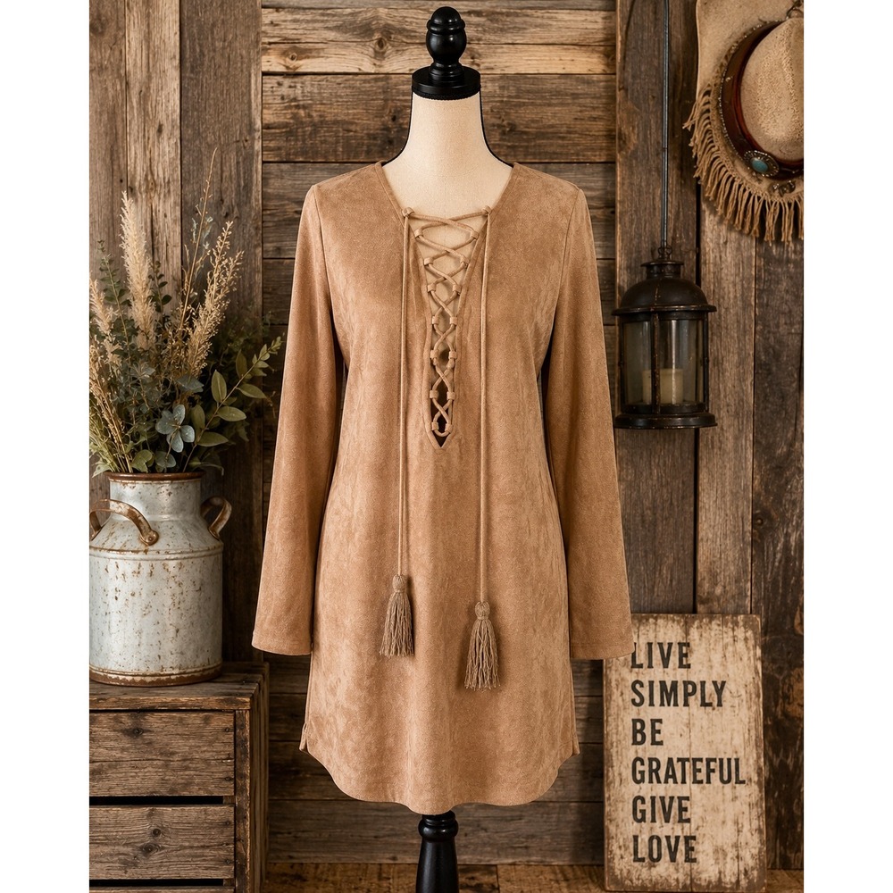 Olivaceous Faux Suede Lace Up Tunic Dress Women's M Tan Boho Western Festival